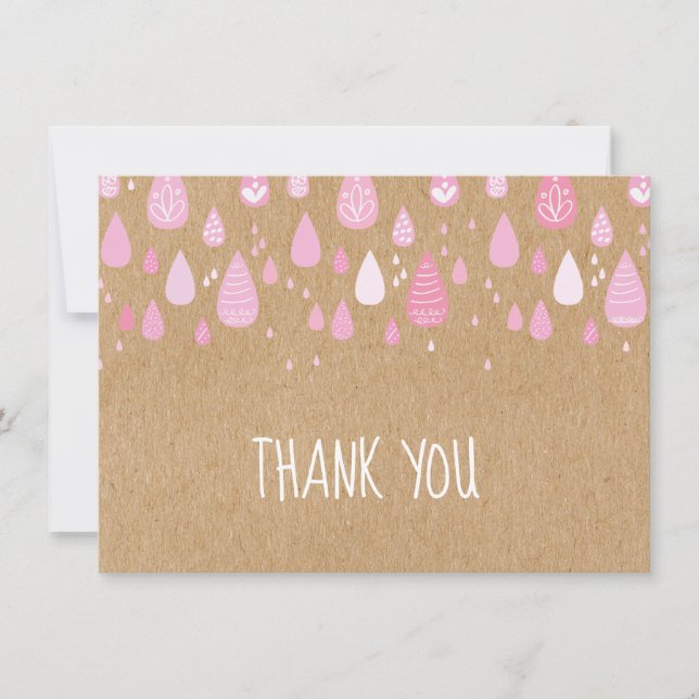 Cartão De Agradecimento Rustic Kraft Pink Raindrops Obrigado (Frente)