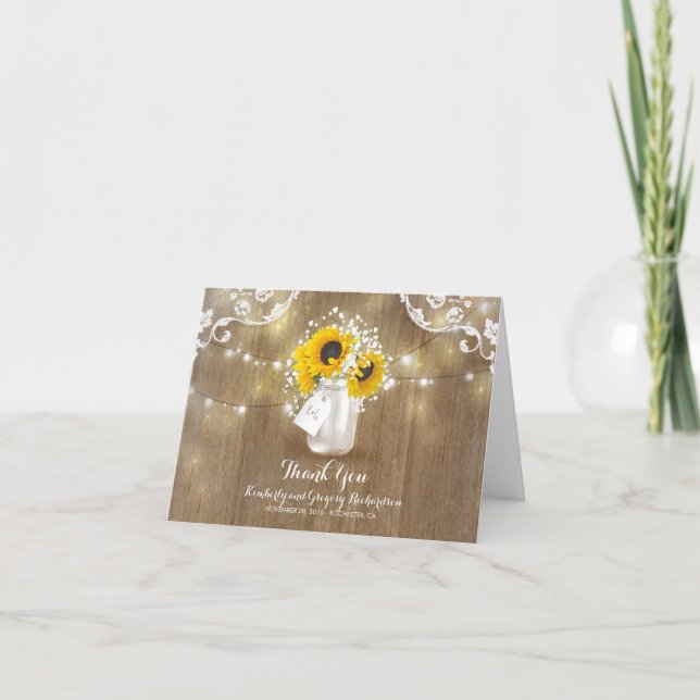 Cartão De Agradecimento Rustic Mason Jar Baby's Breath Sunflower Obrigado (Frente)