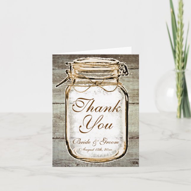 Cartão De Agradecimento Rustic Mason Jar Barn Wood Wedding Thank You Cards (Frente)