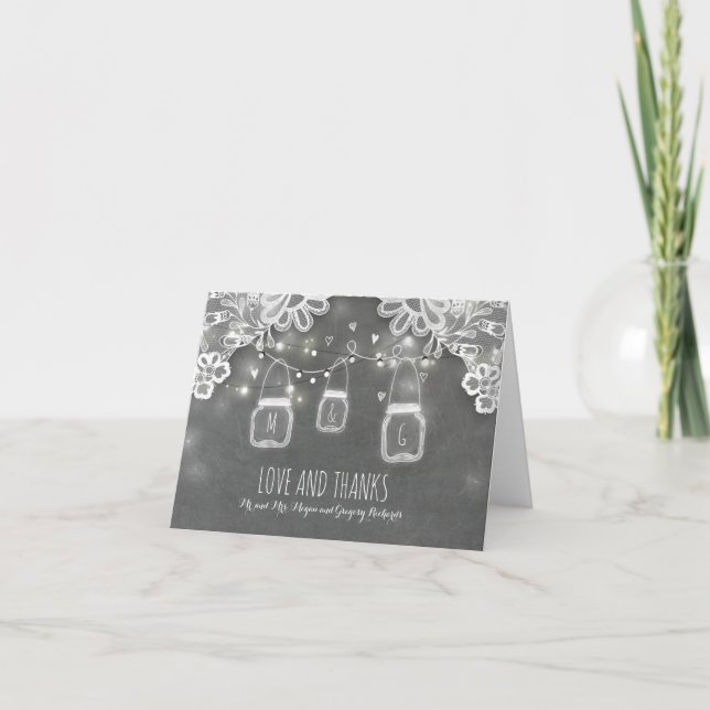 Cartão De Agradecimento Rustic Mason Jar Lights e Lace Weding Obrigado (Frente)