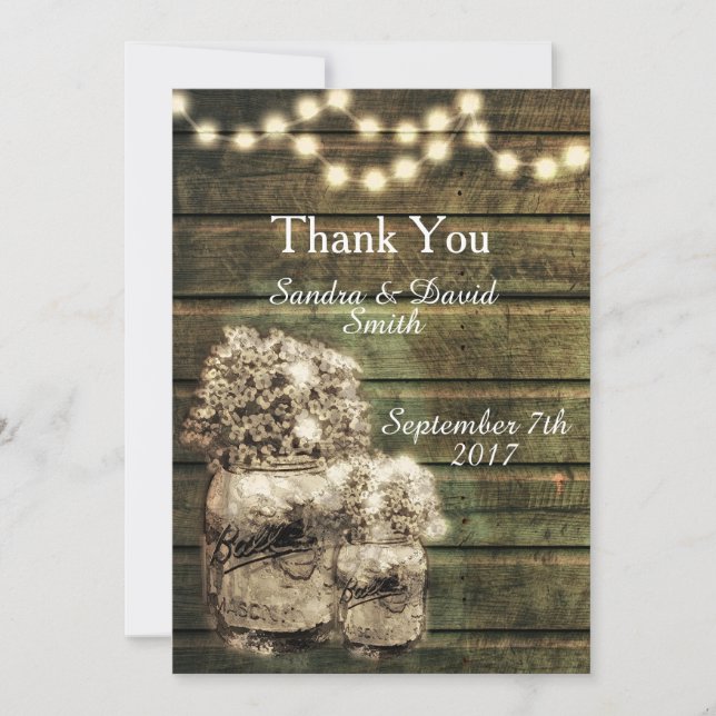 Cartão De Agradecimento Rustic Mason Jar Wedding Obrigado (Frente)