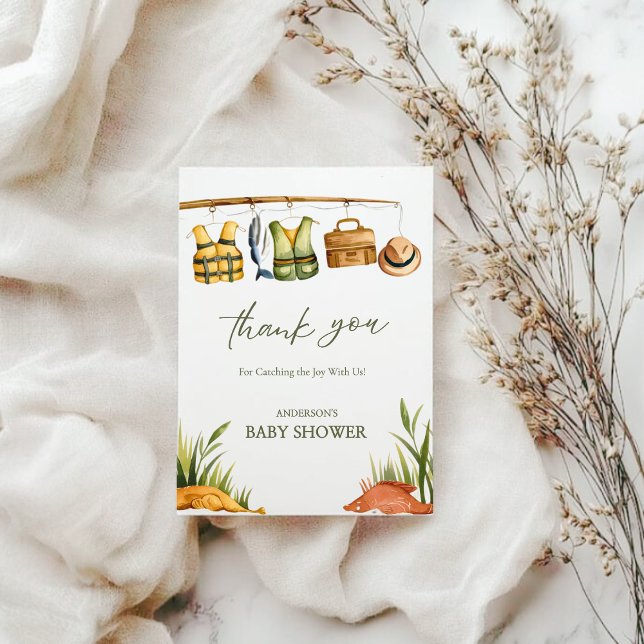 Cartão De Agradecimento Rustic Reel Excited Little Fisherman Baby Shower  (Criador carregado)
