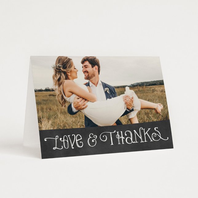 Cartão De Agradecimento Rustic Script Black Chalkboard Wedding Photo (Criador carregado)