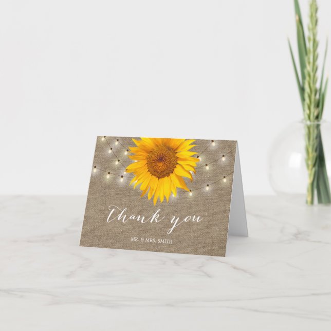 Cartão De Agradecimento Rustic String Lights Sunflower Casamento Obrigado (Frente)