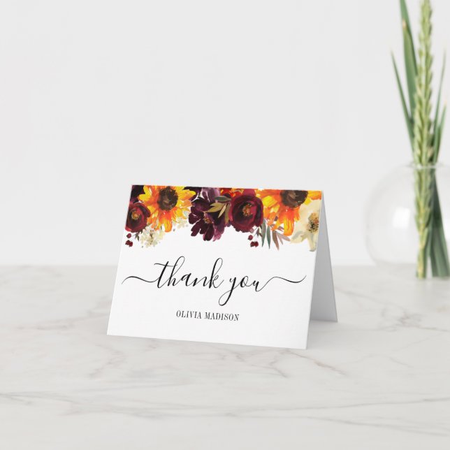 Cartão De Agradecimento Rustic Sunflower Burgundy Peony Chá de panela (Frente)