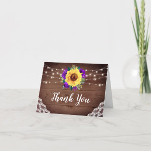 Cartão De Agradecimento Rustic Sunflower Lace Wood Purple Floral Wedding