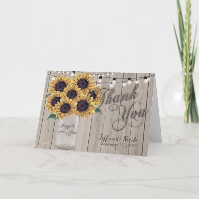 Cartão De Agradecimento Rustic Sunflower Mason Jar Wedding Thank You Card (Frente)