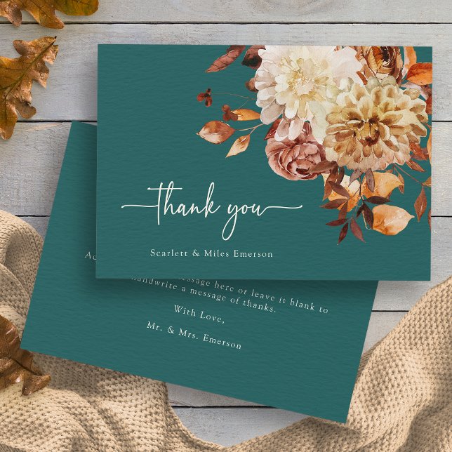 Cartão De Agradecimento Rustic Teal (Rustic Copper Leaves Autumn Floral Teal Thank You Card by Painted Paperie
)