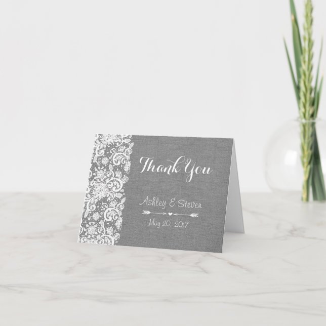 Cartão De Agradecimento Rustic Thank You Card - Gray Burlap and Lace (Frente)