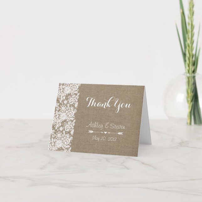 Cartão De Agradecimento Rustic Thank You Card - wedding - Burlap and Lace (Frente)