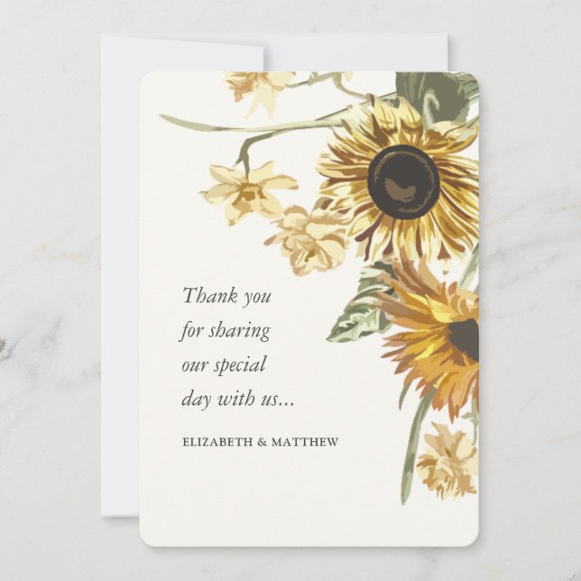 Cartão De Agradecimento Rustic Watercolor Sunflower Floral Casamento (Frente)