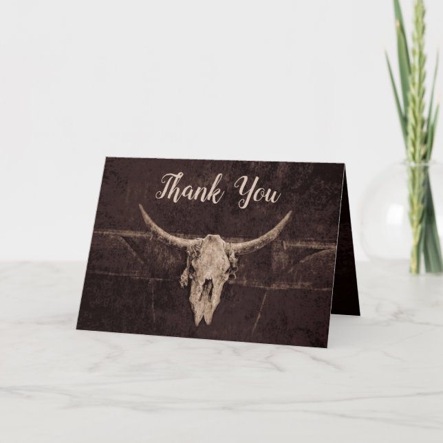 Cartão De Agradecimento Rustic Western Country Brown Bull Skull Casamento (Frente)