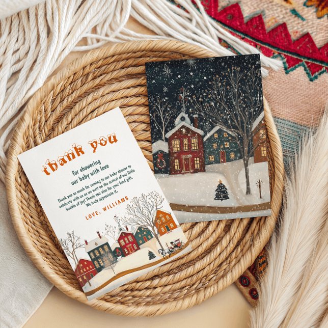 Cartão De Agradecimento Rustic Winter Baby Shower Snow Village (Criador carregado)