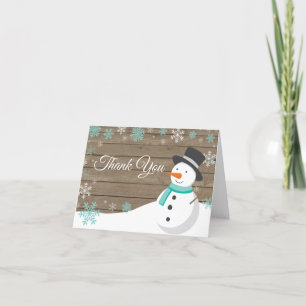 Cartão De Agradecimento Rustic Winter Christmas Snowman Teal
