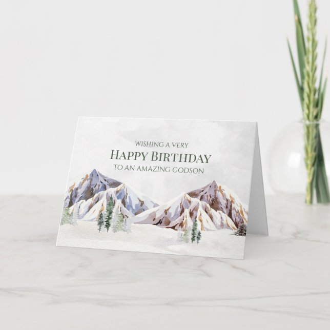 Cartão De Agradecimento Rustic Winter Mountain Happy Birthday Godson Card (Frente)