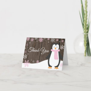 Cartão De Agradecimento Rustic Winter Penguin Snowflake Pink