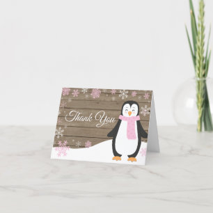 Cartão De Agradecimento Rustic Winter Penguin Snowflake - Rosa