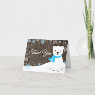 Cartão De Agradecimento Rustic Winter Polar Bear Snowflake Blue