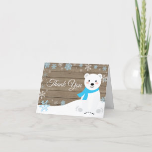 Cartão De Agradecimento Rustic Winter Polar Bear Snowflake Blue