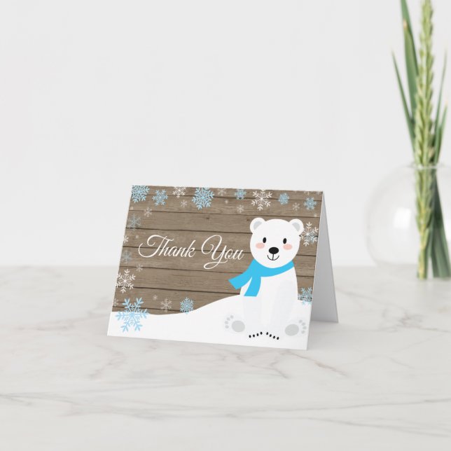 Cartão De Agradecimento Rustic Winter Polar Bear Snowflake Blue (Frente)