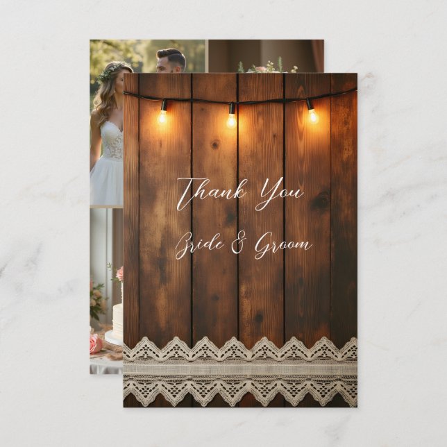 Cartão De Agradecimento Rustic Wood and Lace Photo Thank you Card (Frente/Verso)