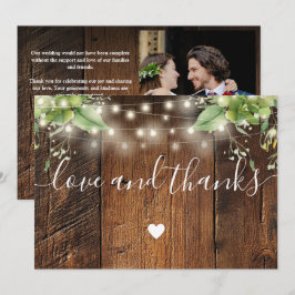 Cartão De Agradecimento Rustic Wood Greenery String Lights Wedding Photo