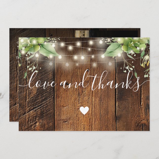 Cartão De Agradecimento Rustic Wood Greenery String Lights Wedding Photo (Frente/Verso)
