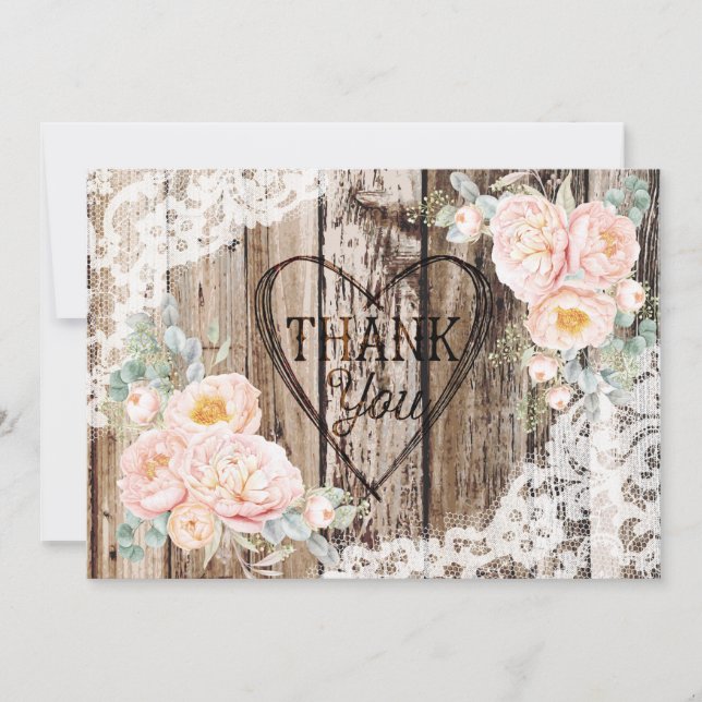 Cartão De Agradecimento Rustic Wood Lace Peony Heart Etching Obrigado (Frente)