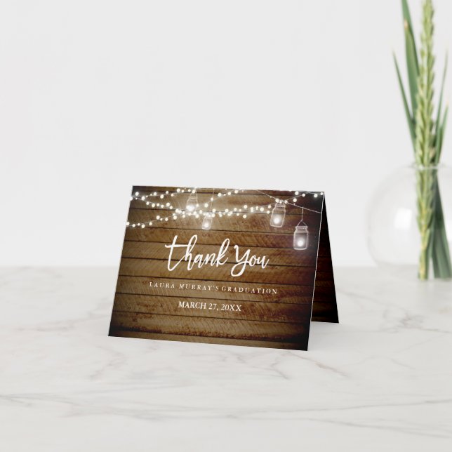 Cartão De Agradecimento Rustic Wood String Lights Graduation Thank You (Frente)