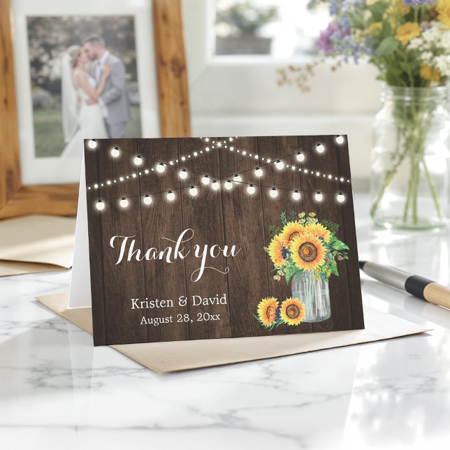 Cartão De Agradecimento Rustic Wood Sunflowers Mason Jar Lights Thank You (Criador carregado)