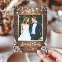 Rustic Wood Twinkle Lights Casamento Foto Obrigado