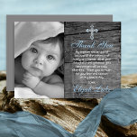 Cartão De Agradecimento Rustic Wood Vintage Cross Photo Baptism Obrigado<br><div class="desc">Basta adicionar a mensagem e o nome do seu precioso,  a cor ou a foto preta e branca,  e batismo / Chantageando "obrigado você" para personalizar este olhar de madeira rústica com design cristão. Design original por Holiday Hearts Design (todos os direitos reservados).</div>