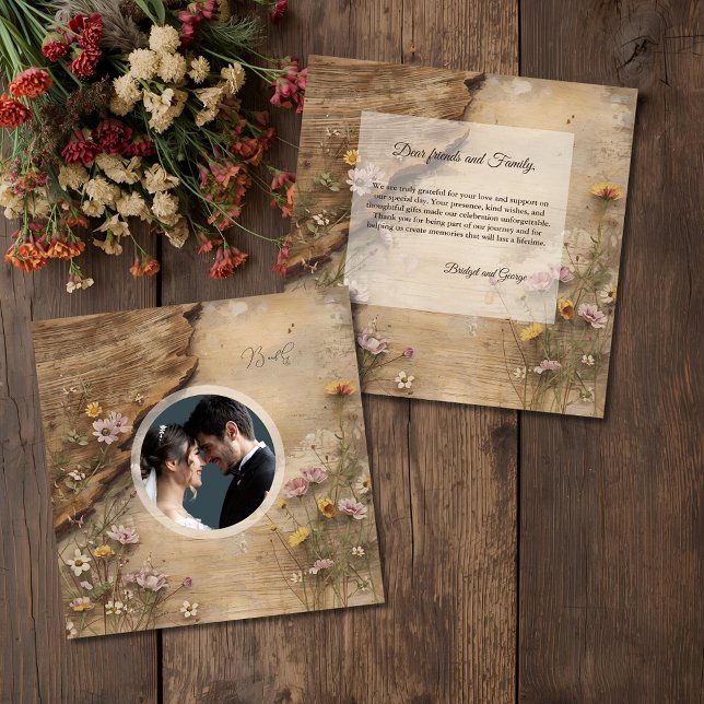 Cartão De Agradecimento Rustic Wooden Bohemian Floral Wedding photo (Criador carregado)
