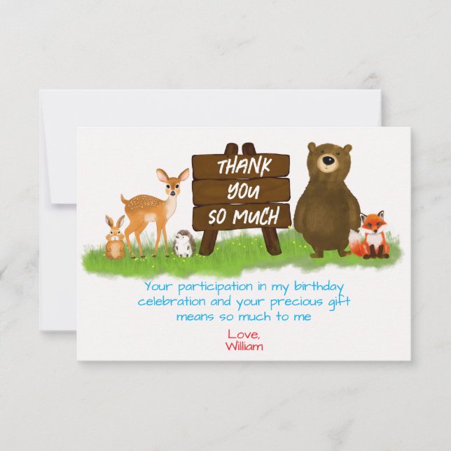 Cartão De Agradecimento Rustic Woodland Forest Animals Birthday  (Frente)