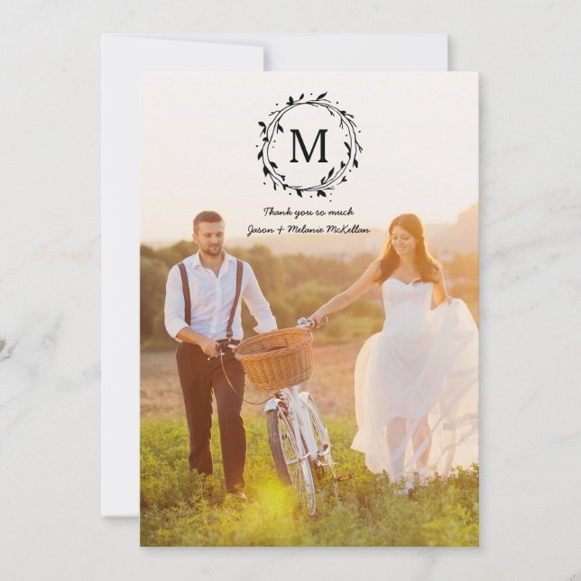 Cartão De Agradecimento Rustic Wreath Overlay Casamento Monograma Obrigado (Frente)