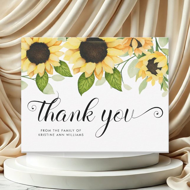 Cartão De Agradecimento Rústica Cores de Cama de Cana Solar Simpatia Flora (Elegant Yellow Sunflower Watercolor Floral  Custom Name Sympathy Thank You Card)