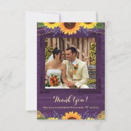 Cartão De Agradecimento Rústica Madeira Roxa Luz Girassol Foto de Casament