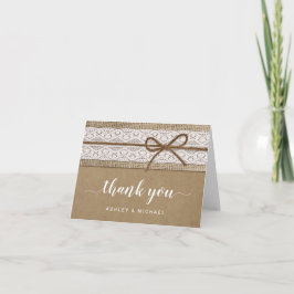 Cartão De Agradecimento Rústico e Elegante Lace Burlap Script Obrigada