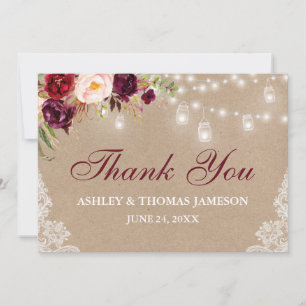 Cartão De Agradecimento Rústico Kraft Casamento Floral Luzes De Jar Floral