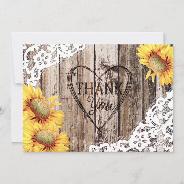 Cartão De Agradecimento Rústico Sunflower Wood Lace e Heart Obrigado (Frente)