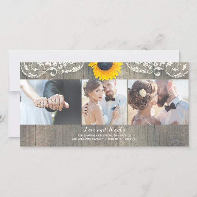 Cartão De Agradecimento Rústico Wood Country Barn Sunflower Lace Obrigado (Frente)