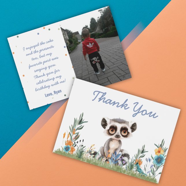 Cartão de Agradecimento Safari (Safari Jungle Personalizable Photo Colorful Watercolor Flowers Monkey Birthday Thank You Card)
