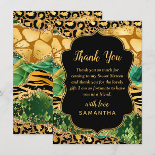 Cartão De Agradecimento Safári Ágata Dourado e Verde Sweet Sixteen