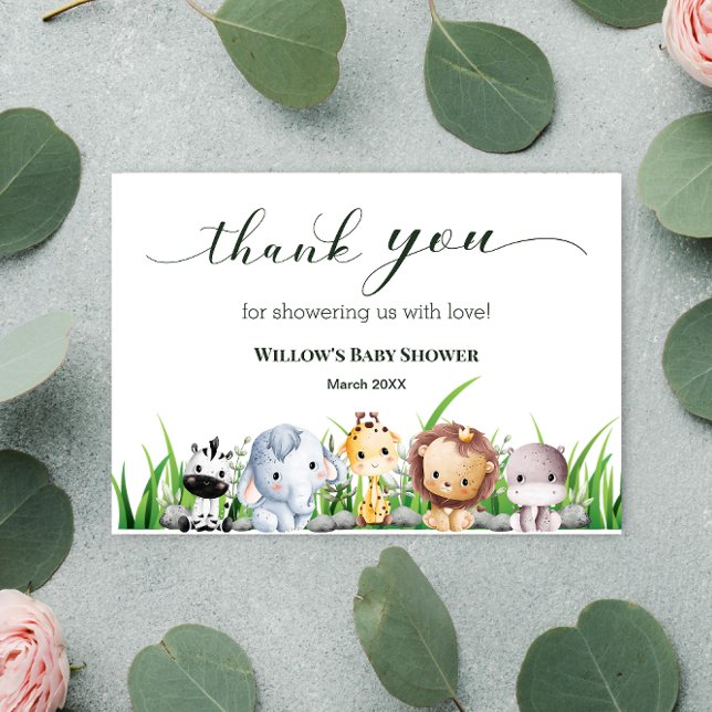 Cartão De Agradecimento Safari Animal Jungle White Chá de fraldas (Thank you safari animals baby shower card)