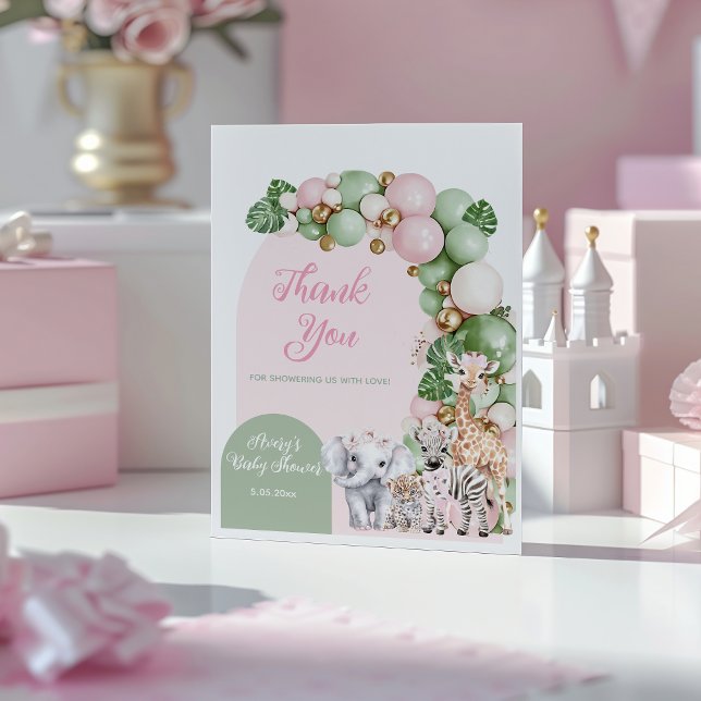 Cartão De Agradecimento Safari Animal Tropical Verde Bebê Rosa Chá (Criador carregado)