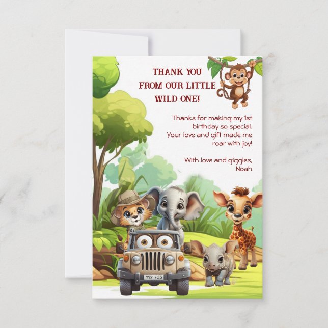 Cartão de Agradecimento Safari de 1º Aniversário W (Frente)