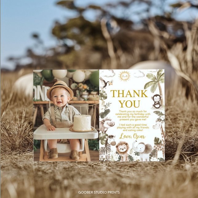 Cartão De Agradecimento Safari Jungle Animals Birthday Party Photo (Criador carregado)