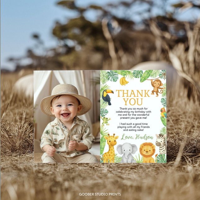 Cartão De Agradecimento Safari Wild One Animals Birthday Party Photo (Criador carregado)