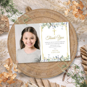 Cartão De Agradecimento Sage e Lilac Floral Primeira Foto de Comunhão Sag