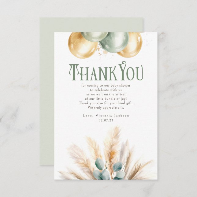 Cartão De Agradecimento Sage e Ouro Baby Shower Pequeno Obrigado (Frente/Verso)